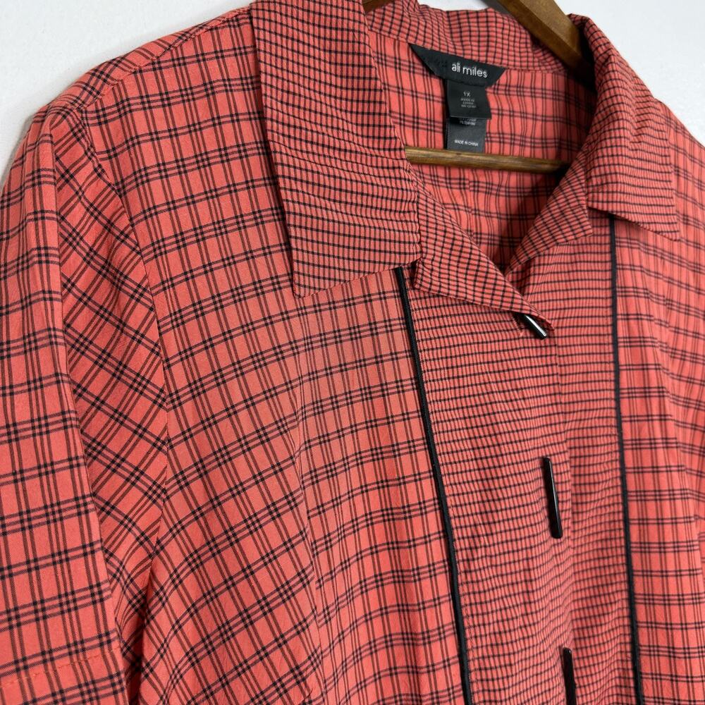 Ali Miles Shirt Womens 1X Red Black Plaid Patchwork Button Front Short Sleeve